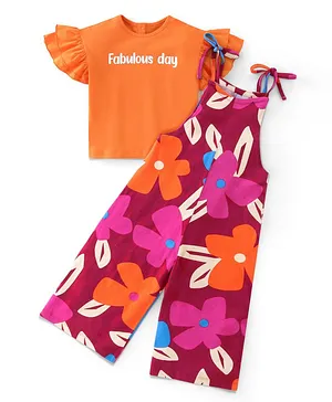 Ollington St. Floral Print Loose-fit Jumpsuit and Half Sleeves Text Print Inner Top Set - Plum & Orange