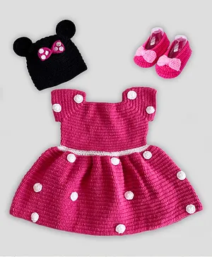 Knitting by Love Sleeveless Handmade Polka Dot Detailed Woollen Dress With Cap & Booties - Pink
