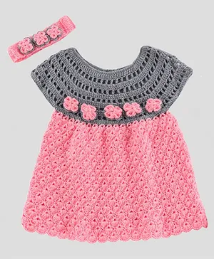 Knitting by Love Handmade Sleeveless Floral Designed Self Designed Crochet Woolen Dress With Headband - Peach & Grey