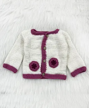 Knitting by Love Handmade Full Sleeves Flower Designed Front Open Sweater- White & Purple