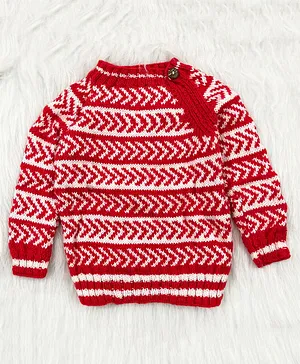 Knitting by Love Handmade Full Sleeves Bands Designed Sweater - Red & White