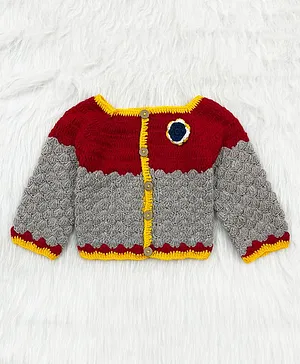 Knitting by Love Handmade Full Sleeves Colour Blocked Self Designed Sweater - Red & Grey