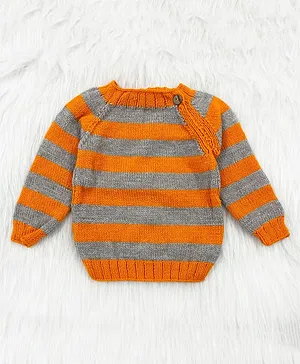 Knitting by Love Handmade Full Sleeves Striped Pattern Designed Sweater - Orange & Grey