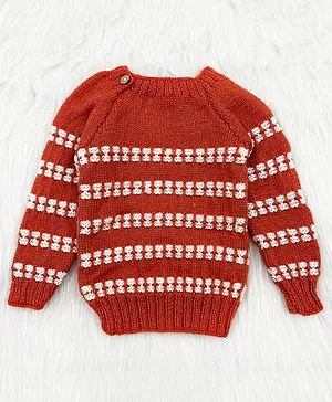 Knitting by Love  Full Sleeves Handmade Striped Designed Sweater - Orange