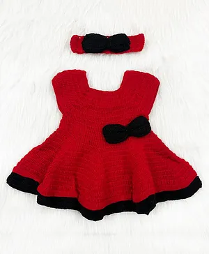 Knitting by Love  Sleeveless Handmade Frill & Bow Detailed Dress With Headband - Red