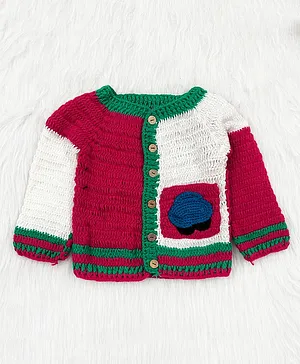 Knitting by Love Handmade Full Sleeves Self Designed Front Open Sweater - Red & White