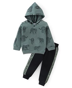 Babyhug 100% Cotton Knit Full Sleeves Hooded T-Shirt & Lounge Pant With Leopard Print - Green & Black
