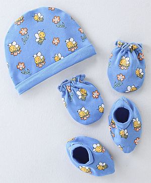 Babyhug 100% Cotton Knit Cap Mittens And Booties Honey Bee Print - Blue
