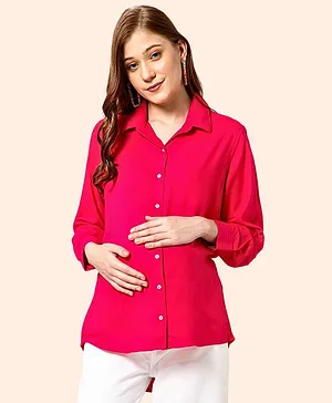 Zelena Full Sleeves Solid Maternity Top With Zip Less Nursing Access - Pink