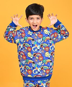 Anthrilo Full Sleeves Seamless Doodle Art Printed Fleece Sweatshirt - Blue