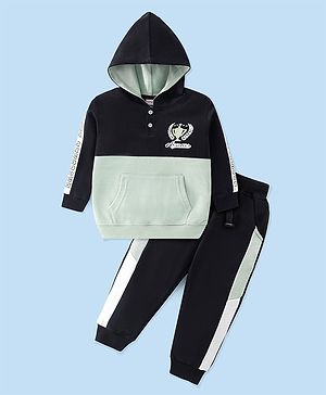 Babyhug Terry Cotton Knit Full Sleeves Hoodie & Lounge Pant Set Trophy Print - Black & Green