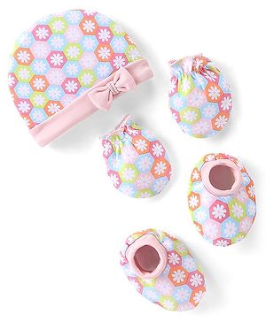 Babyhug 100% Cotton Knit Cap Mittens & Booties Set Floral Print - Pink