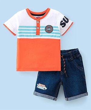 Babyhug Single Jersey Knit Half Sleeves T-Shirt & Shorts Set Text Embroidered - Blue & Orange