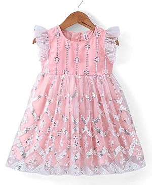 Babyhug Frilled Sleeve Net Sequenced Embroidered Ethnic Dress-Pink