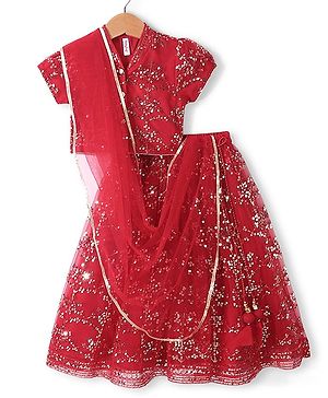 Babyhug Half Sleeves Sequenced Choli with Embroidered Lehenga  and Dupatta - Red