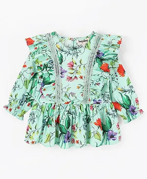 Hugsntugs Full Sleeves Frill Detailed Floral Printed & Lace Embellished Top - Green