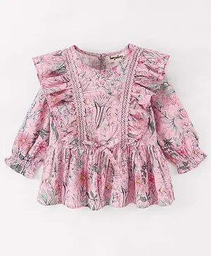 Hugsntugs Full Sleeves Frill Detailed Floral Printed & Lace Embellished Top - Pink