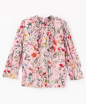 Hugsntugs Full Sleeves Seamless Floral Printed & Pintuck Detailed Top - Pink