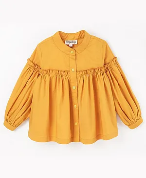 Hugsntugs Full Sleeves Frill Gathered Solid Button Down Top - Mustard Yellow
