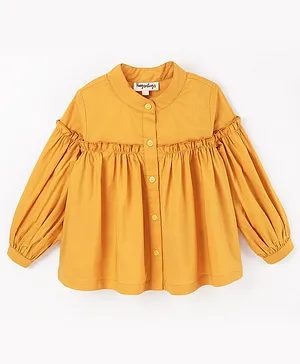 Hugsntugs Full Sleeves Frill Gathered Solid Button Down Top - Mustard Yellow