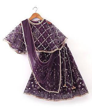 Babyhug Cape Sleeves Sequenced Embroidered Choli with Lehenga and Poncho Set - Purple