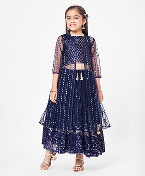 Babyhug Sleeveless Sequenced Brocade Choli with Embroidered Lehenga and Embroidered Shrug - Navy Blue