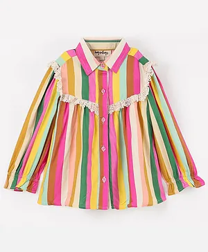 Hugsntugs Full Sleeves Roman Striped & Lace Embellished Shirt Style Top - Multi Colour