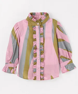 Hugsntugs Full Sleeves Frill Detailed Colour Blocked Shirt Style Top - Pink & Green