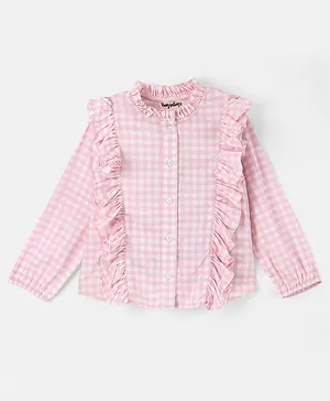 Hugsntugs Full Sleeves Frill Detailed & Gingham Checked Shirt Style Top - Pink