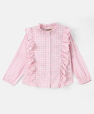 Hugsntugs Full Sleeves Frill Detailed & Gingham Checked Shirt Style Top - Pink