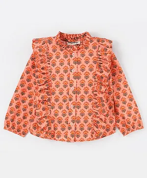 Hugsntugs Full Sleeves Frill Detailed & Jaipuri Floral Printed Shirt Style Top - Peach