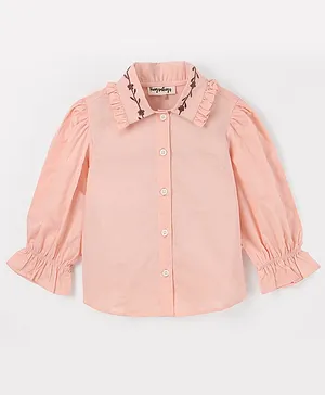 Hugsntugs Full Sleeves Frill Detailed Placement Embroidered Shirt Style Top - Peach