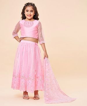 Babyhug Three Fourth Sleeves Sequenced Embroidered Choli with Lehenga and Dupatta Set - Pink