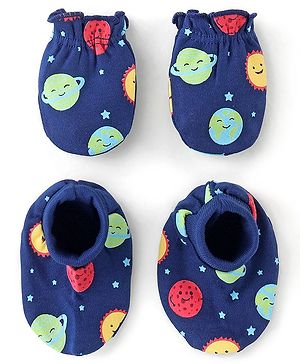 Babyhug 100% Cotton Knit Mitten & Booties Space Print - Navy Blue