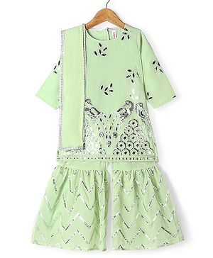 Babyhug Three Fourth Sleeves Gotta Patti Embroidered Kurti with Sharara & Dupatta Set - Mint Green