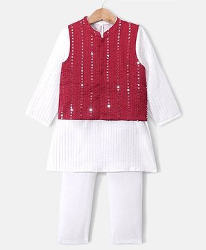 Babyhug Full Sleeves  Solid Kurta Pyjama Set with Sequenced Embroidered Jacket - White