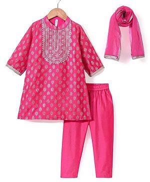 Babyhug Three Fourth Sleeves Foil Printed Kurti Pant and Dupatta Set - Fuchsia
