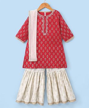 Babyhug Three Fourth Sleeves Foil Printed Kurti Sharara and Dupatta Set - Red