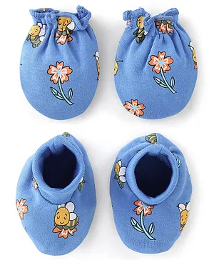 Babyhug 100% Cotton Mittens & Booties Set Floral Print - Blue
