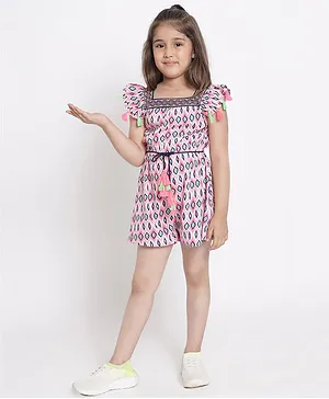 Nauti Nati Cap Sleeves Seamless Ikat Styled Motif Printed And Tassels Detailed Jumpsuit - Pink