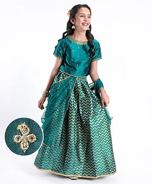 Pine Kids Woven Half Sleeves Lehenga Choli Set With Embroidered - Green