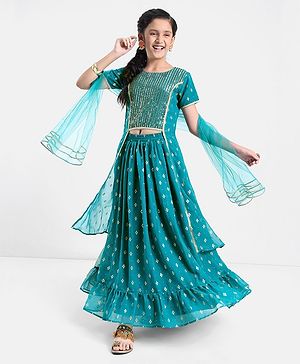 Pine Kids Woven Half Sleeves Lehenga Choli Set With Sequine Detailing & Embroidered- Teal Blue