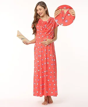 Bella Mama Cotton Half Sleeves Bunny Printed Nighty with Concealed Zipper - Coral