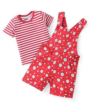 Babyhug 100% Cotton Knit Dungaree and Half Sleeves Tee Set with Stripes - Red
