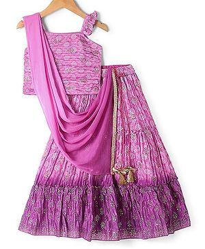 Babyhug Sleeveless Printed Choli with Embossed Foil Lehenga and Dupatta - Purple