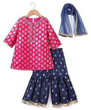 Babyhug Three Fourth Sleeves Foil Printed Kurti Sharara and Dupatta Set - Fuschia