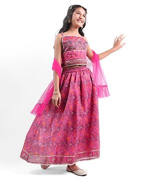Pine Kids All Over Floral Printed Sleeveless Choli  Lehenga Set With Dupatta - Pink