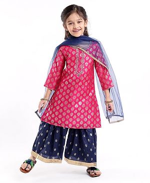 Babyhug 100% Cotton Three Forth Sleeve Kurti Sharara And Dupatta With Bandhani Print- Pink & Navy Blue