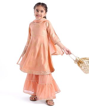 Babyhug Woven Three Fourth Sleeve Georgette Floral Foil Printed Kurti Sharara and Dupatta Set - Coral