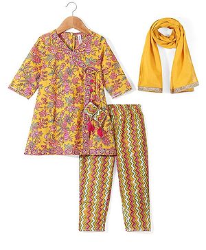 Babyhug Cotton Three Fourth Sleeves Printed Kurti Pant and Dupatta Set with Floral Print - Yellow